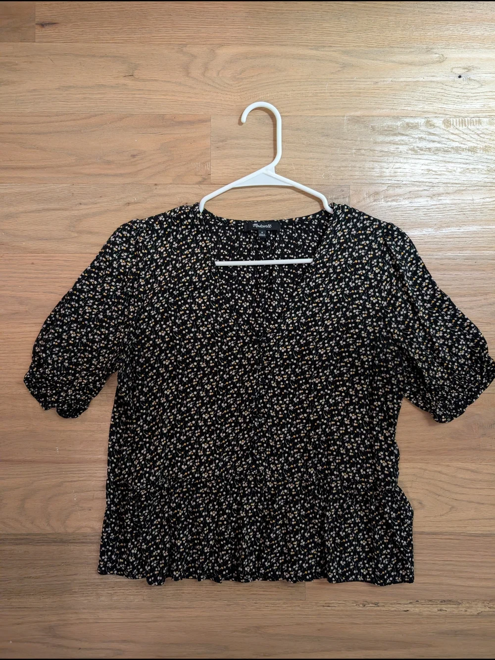 Madewell Black Floral Puff Sleeve Peplum Top Size M